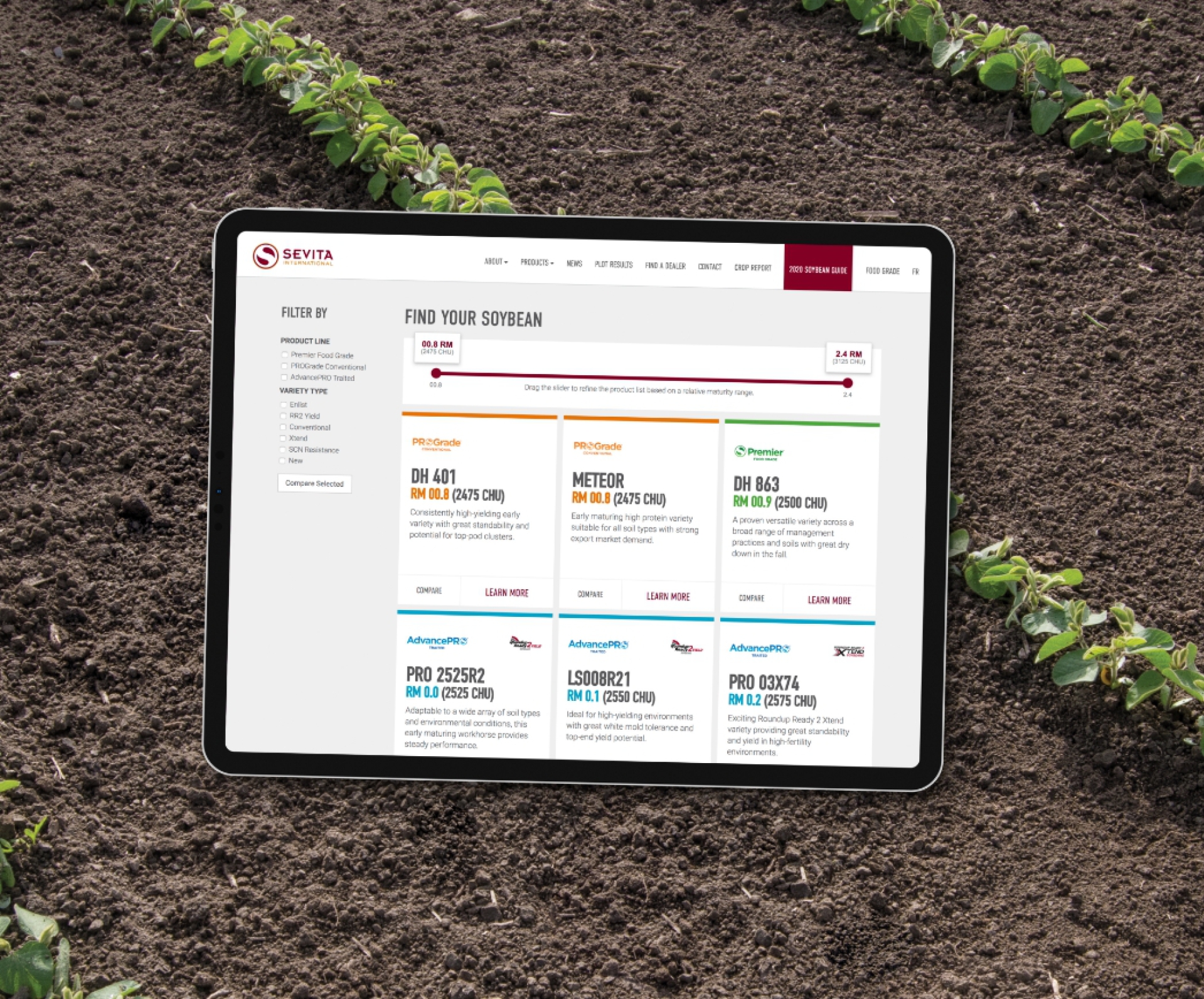 The Sevita website on a tablet screen with a farming field in the background